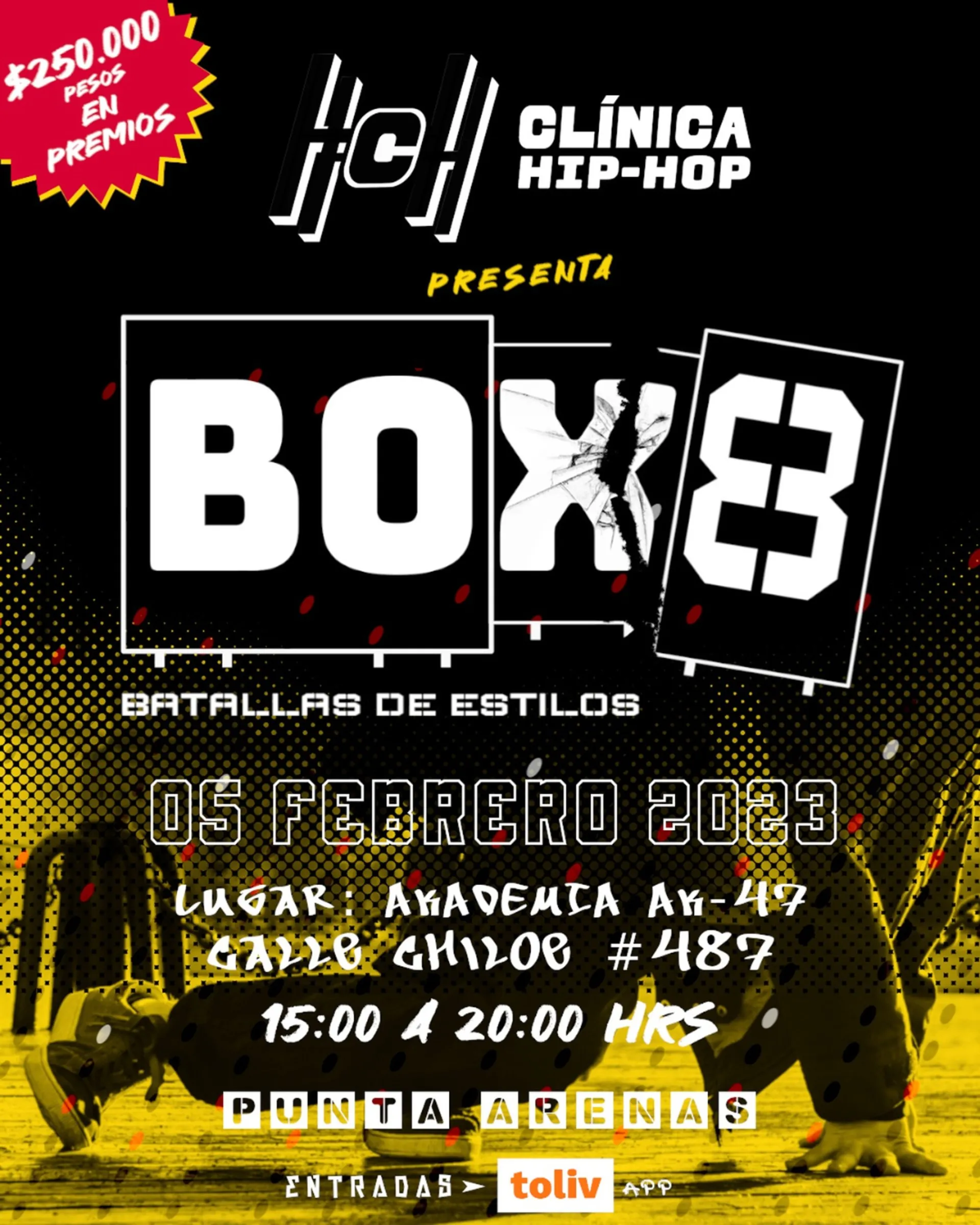 Flyer oficial BOX8 Batalla de Estilos 2023 — 05 de febrero, Calle Chiloé #487, Punta Arenas
