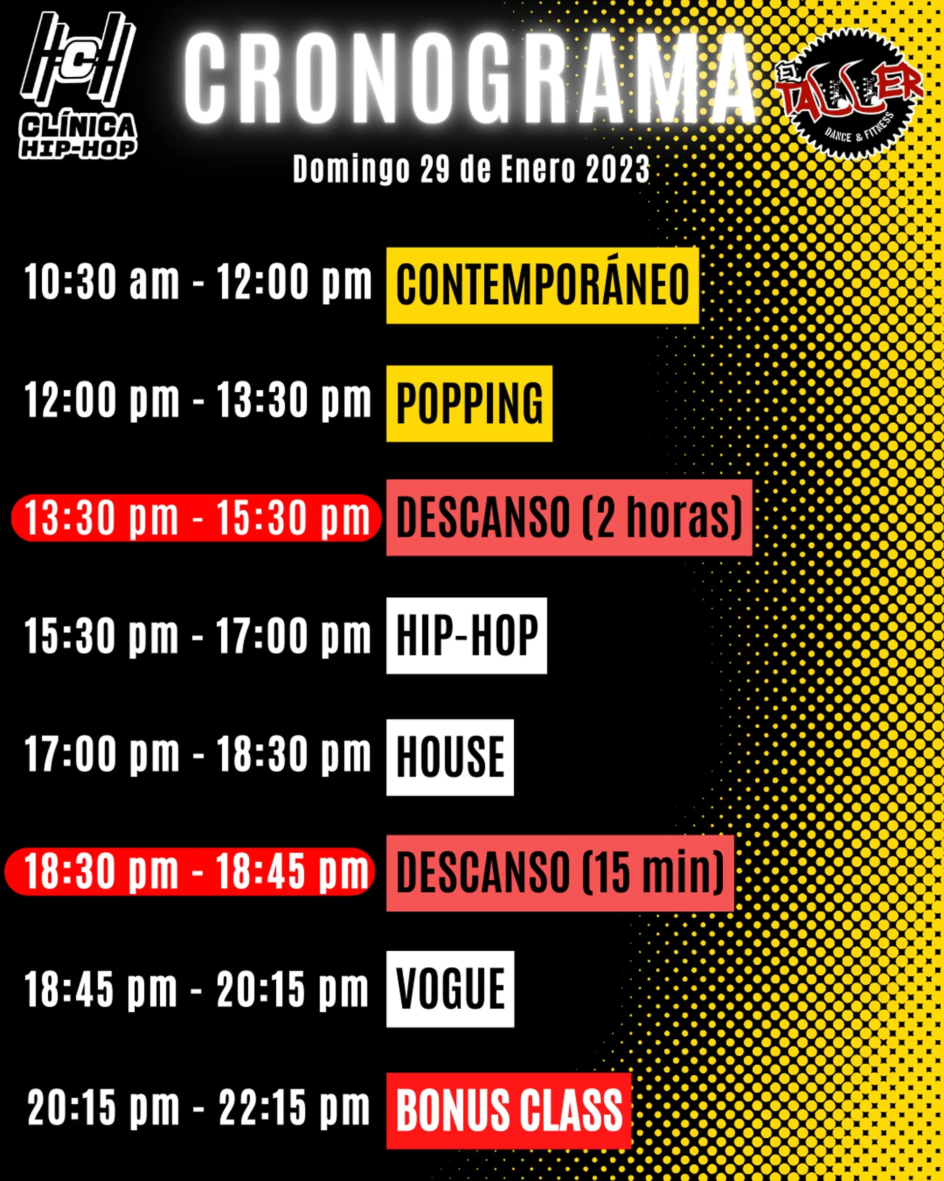 Cronograma oficial CliniClass 2023 — El Taller Dance & Fitness
