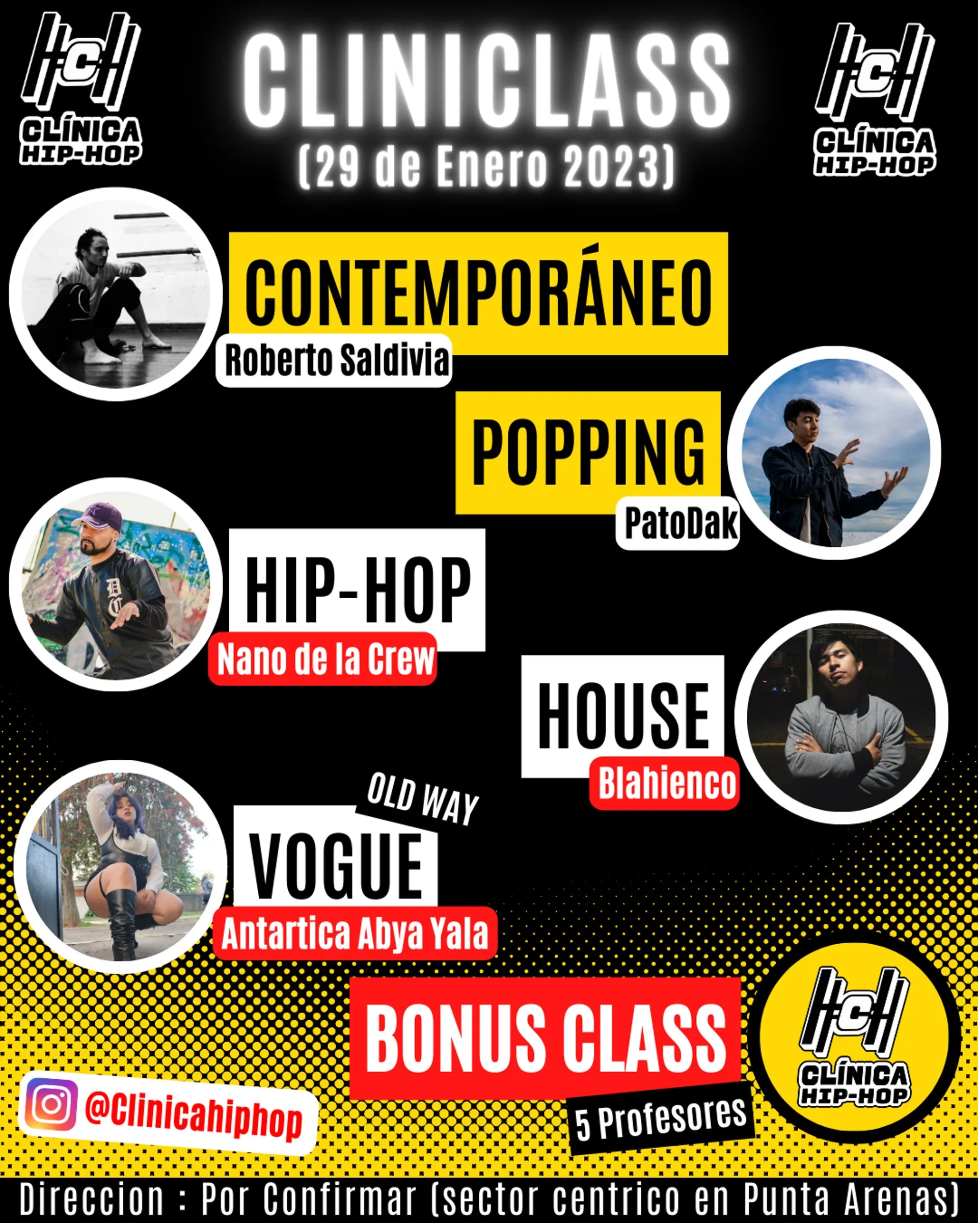 Flyer oficial CliniClass 2023 — 29 de enero, 5 profesores, Punta Arenas