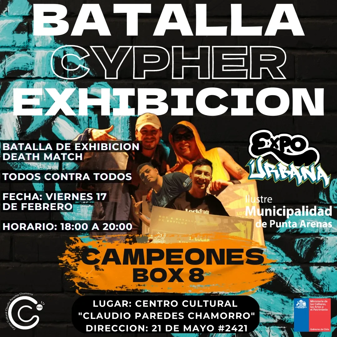 Flyer Batalla Cypher Exhibición — Viernes 17 feb · Campeones BOX8