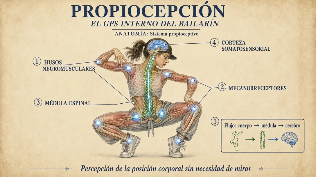 Diagrama anatómico de propiocepción mostrando husos neuromusculares en músculos del cuerpo