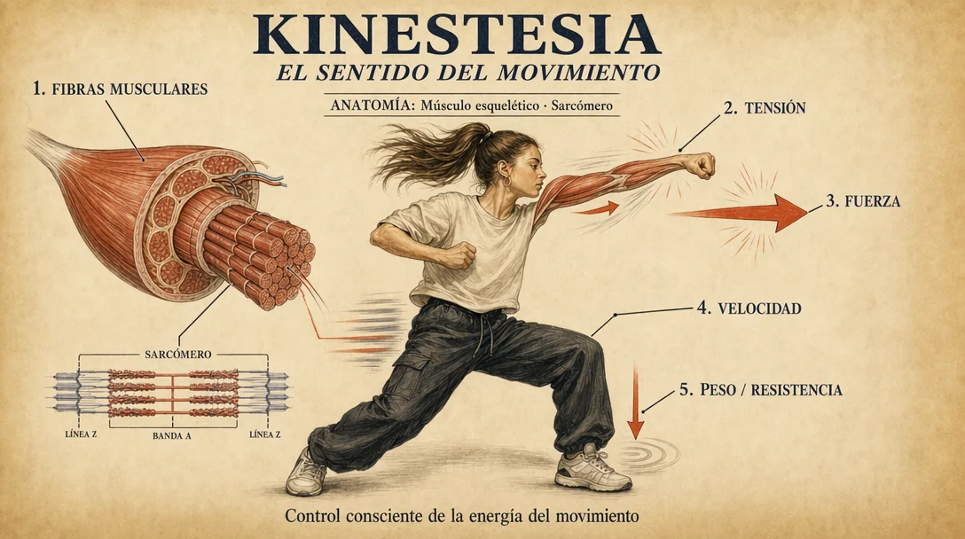 Diagrama de kinestesia mostrando husos neuromusculares y órganos tendinosos de Golgi