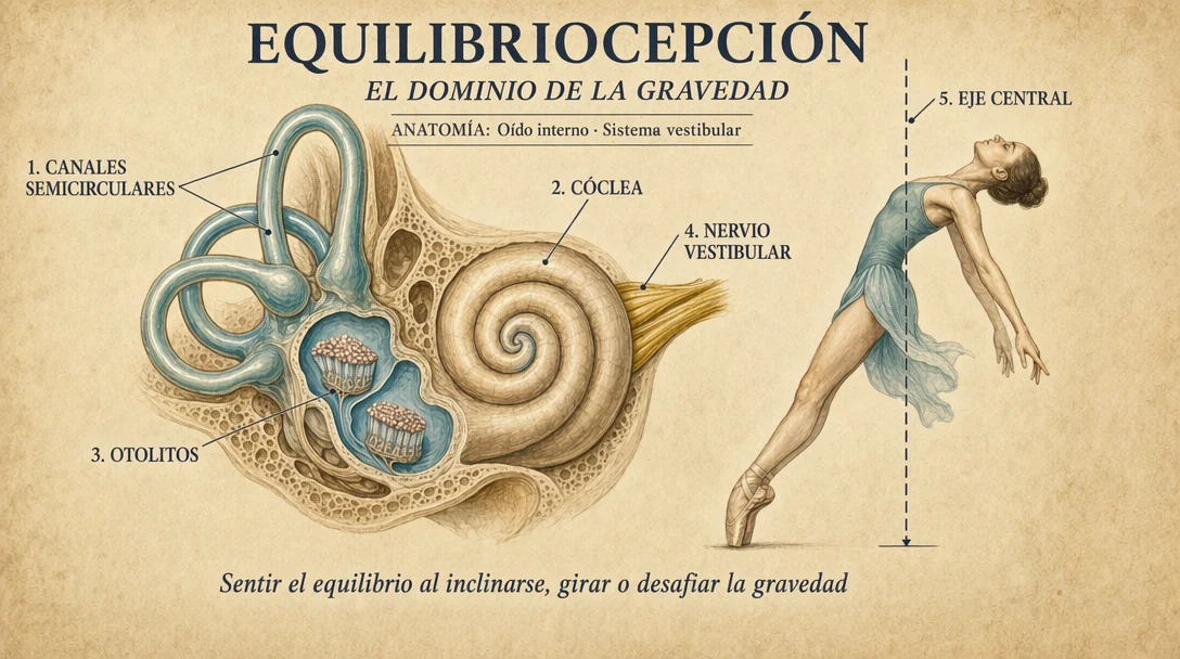 Diagrama del sistema vestibular en el oído interno con canales semicirculares y otolitos